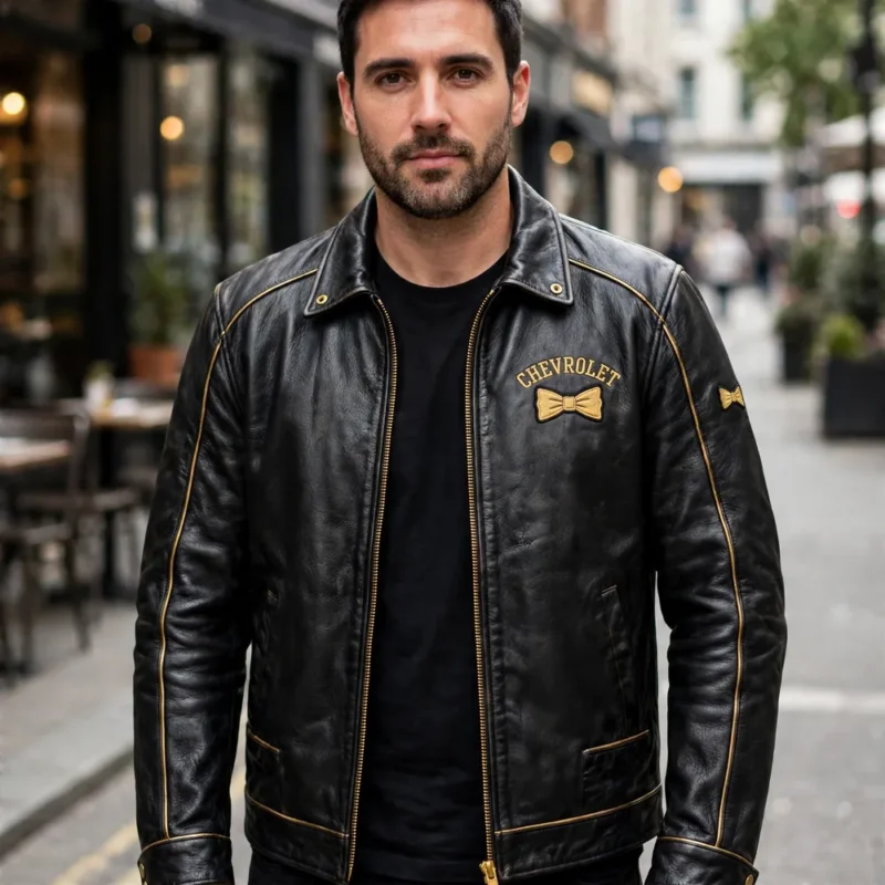 Model wearing the Chevrolet Leather Jacket, black with gold bowtie-style chest emblem and gold piping racer jacket