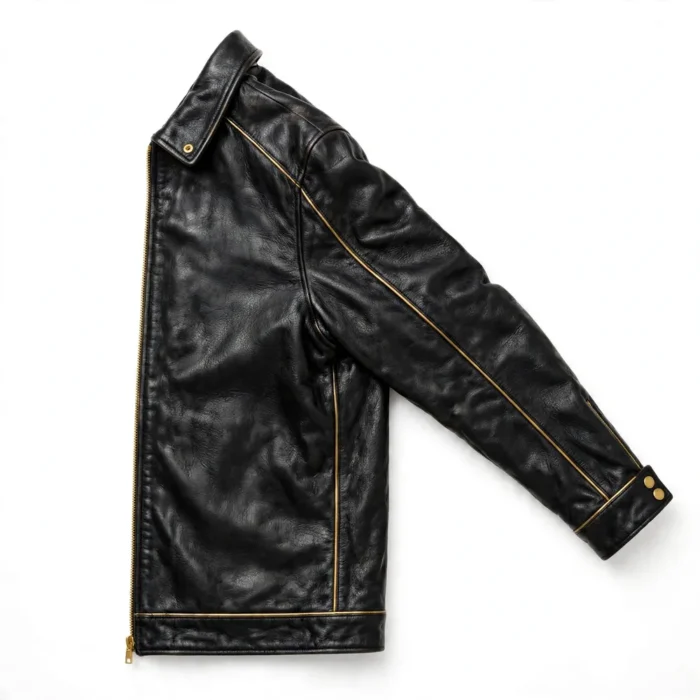 Chevrolet Leather Jacket side view, black with gold bowtie-style chest emblem and gold piping racer jacket