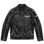Chrysler Leather Jacket front view, silver-black with chrome-style winged chest emblem cruiser jacket