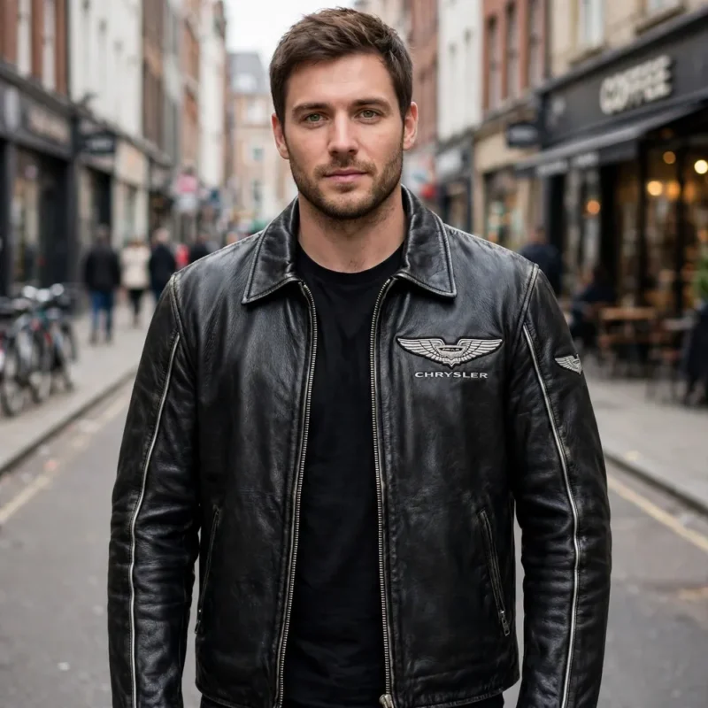 Model wearing the Chrysler Leather Jacket, silver-black with chrome-style winged chest emblem cruiser jacket