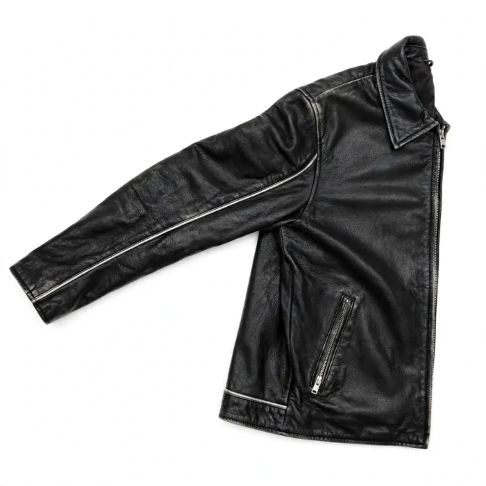Chrysler Leather Jacket side view, silver-black with chrome-style winged chest emblem cruiser jacket