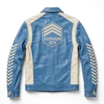 Citroën 2CV Leather Jacket back view — sky blue with cream panels jacket with back embroidery