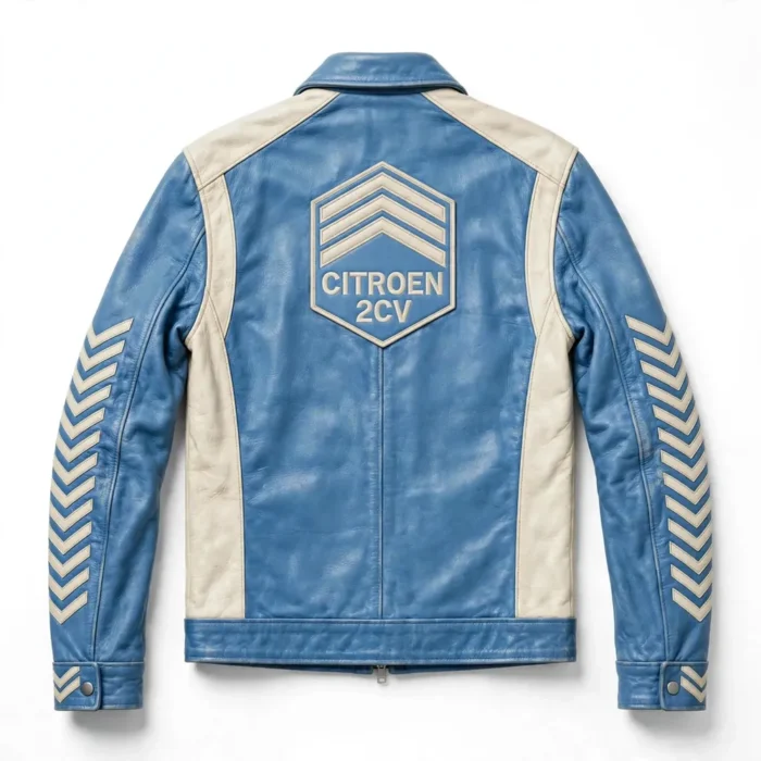 Citroën 2CV Leather Jacket back view — sky blue with cream panels jacket with back embroidery