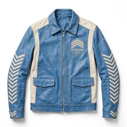 Citroën 2CV Leather Jacket front view — sky blue with cream panels jacket with chest embroidery