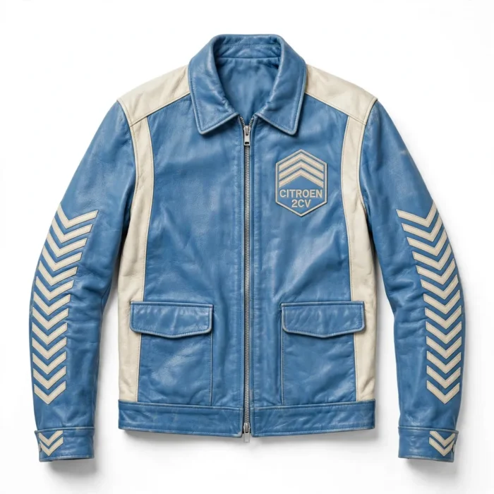 Citroën 2CV Leather Jacket front view — sky blue with cream panels jacket with chest embroidery