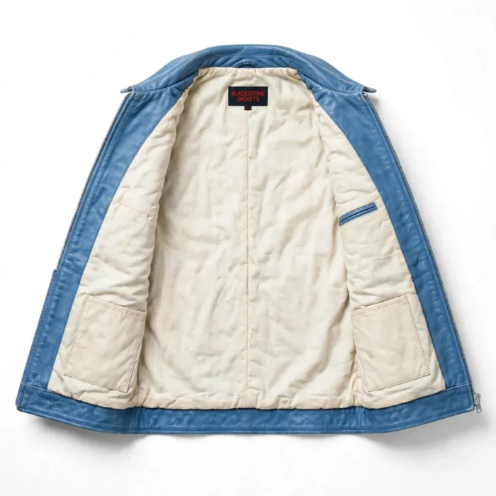 Citroën 2CV Leather Jacket inner view — plain lining with inside pockets and Blackstone Jackets neck label