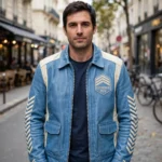 Citroën 2CV Leather Jacket model view — front-facing model wearing the sky blue with cream panels jacket with chest embroidery