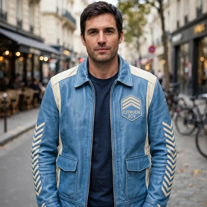 Citroën 2CV Leather Jacket model view — front-facing model wearing the sky blue with cream panels jacket with chest embroidery