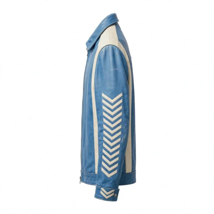 Citroën 2CV Leather Jacket side view — sky blue with cream panels jacket with sleeve embroidery