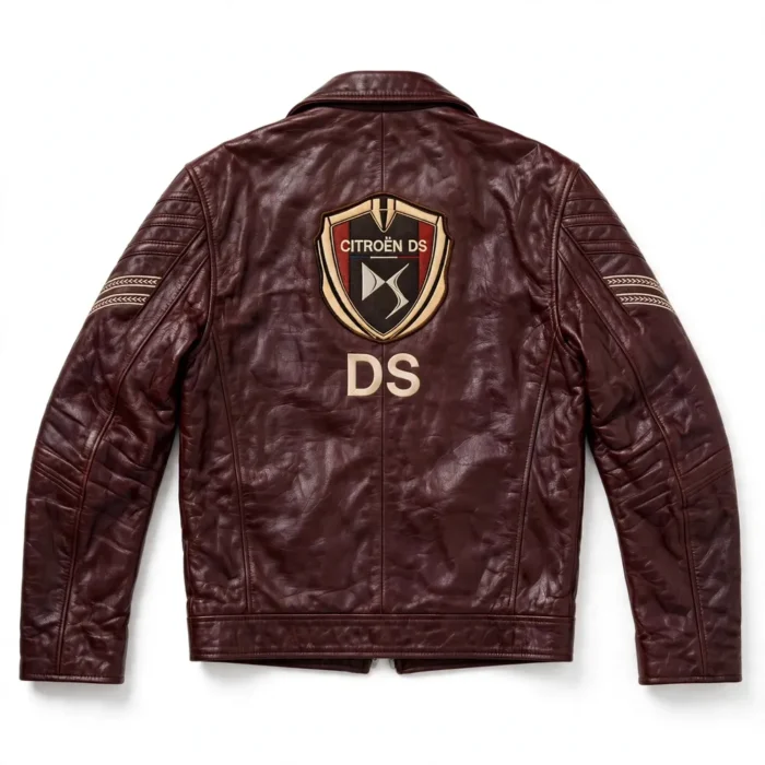 Citroën DS Leather Jacket back view — deep burgundy jacket with back embroidery