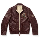 Citroën DS Leather Jacket front view — deep burgundy jacket with chest embroidery