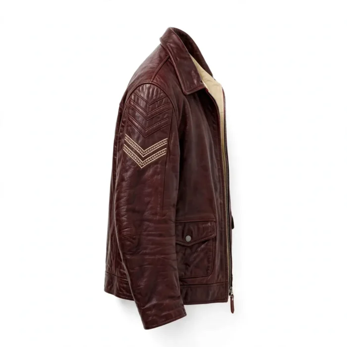 Citroën DS Leather Jacket side view — deep burgundy jacket with sleeve embroidery