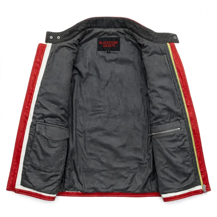 Citroën Leather Jacket inner view — plain lining with inside pockets and Blackstone Jackets neck label