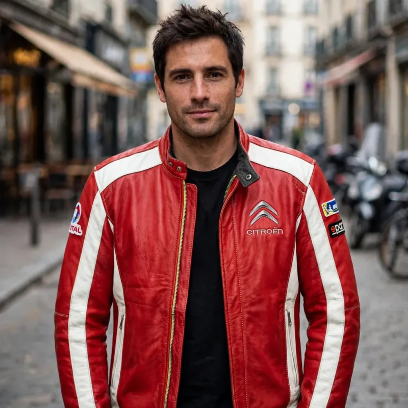 Citroën Leather Jacket model view — front-facing model wearing the red with white panels jacket with chest embroidery