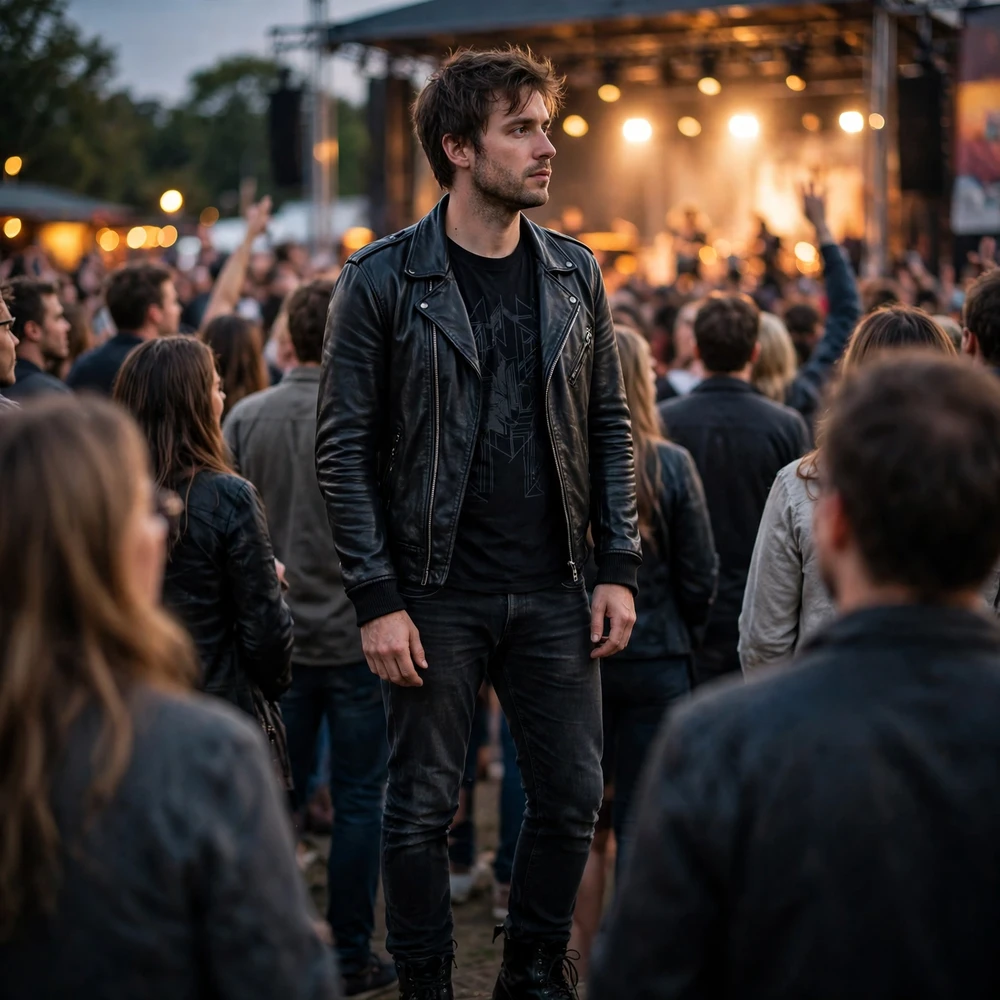 Concert outfit with a black leather biker jacket, band tee and jeans in a live music crowd
