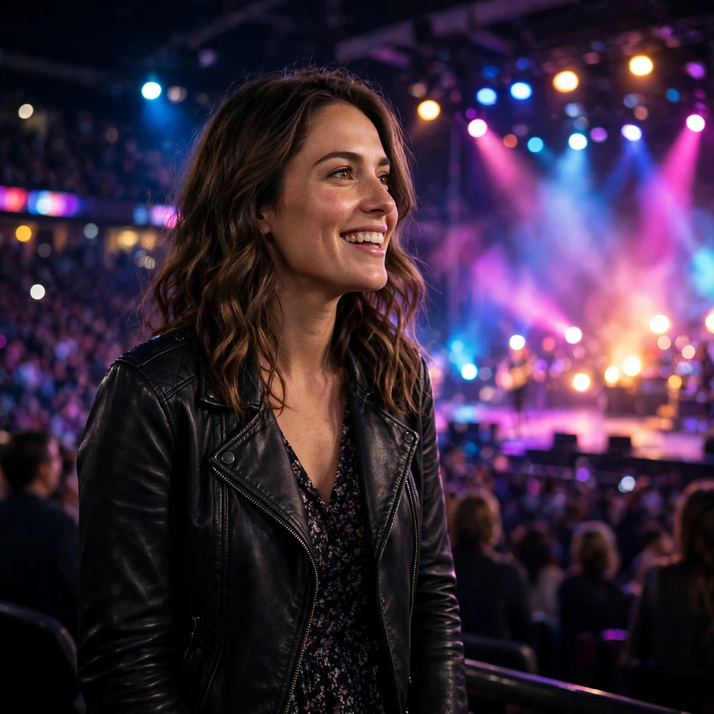 Woman wearing a black leather jacket over a dress at an evening arena concert