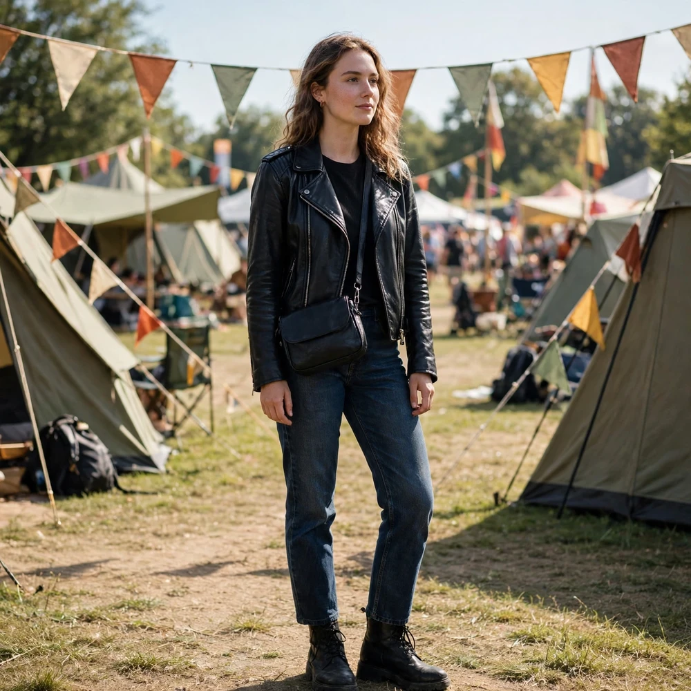Festival-goer in a black leather jacket with a crossbody bag at an outdoor music festival