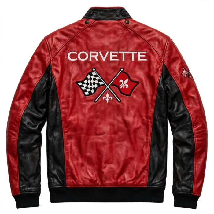 Corvette Leather Jacket back view, racing red with black side panels racer jacket