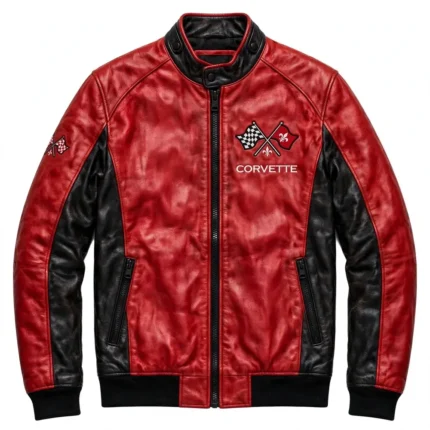 Corvette Leather Jacket front view, racing red with black side panels racer jacket