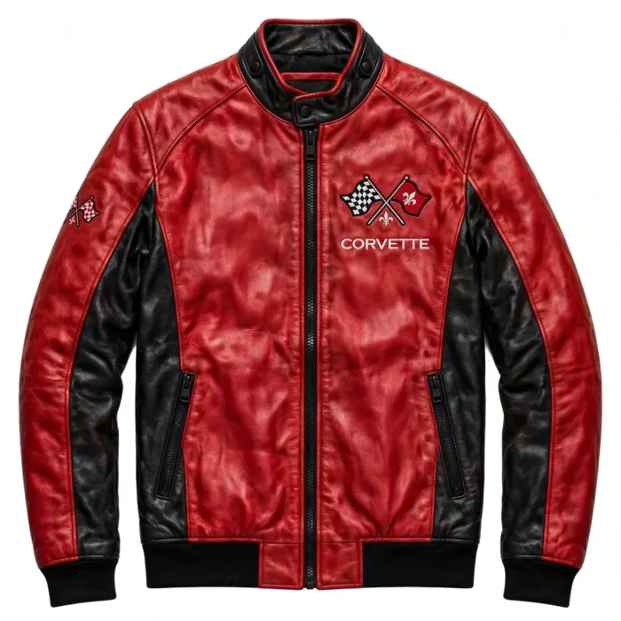 Corvette Leather Jacket | American Sports Car Legend | Blackstone Jackets - Front View Corvette Leather Jacket front view, racing red with black side panels racer jacket