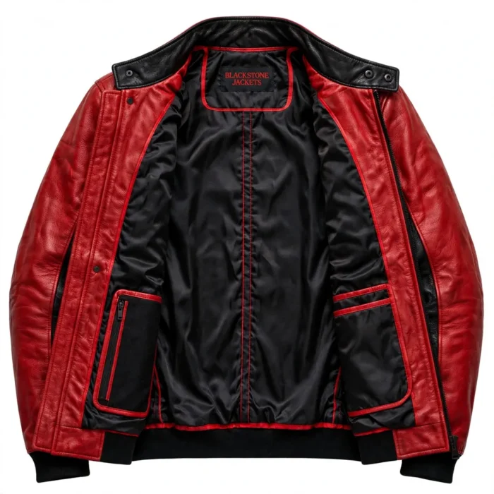 Corvette Leather Jacket inner lining view, black satin lining with red trim