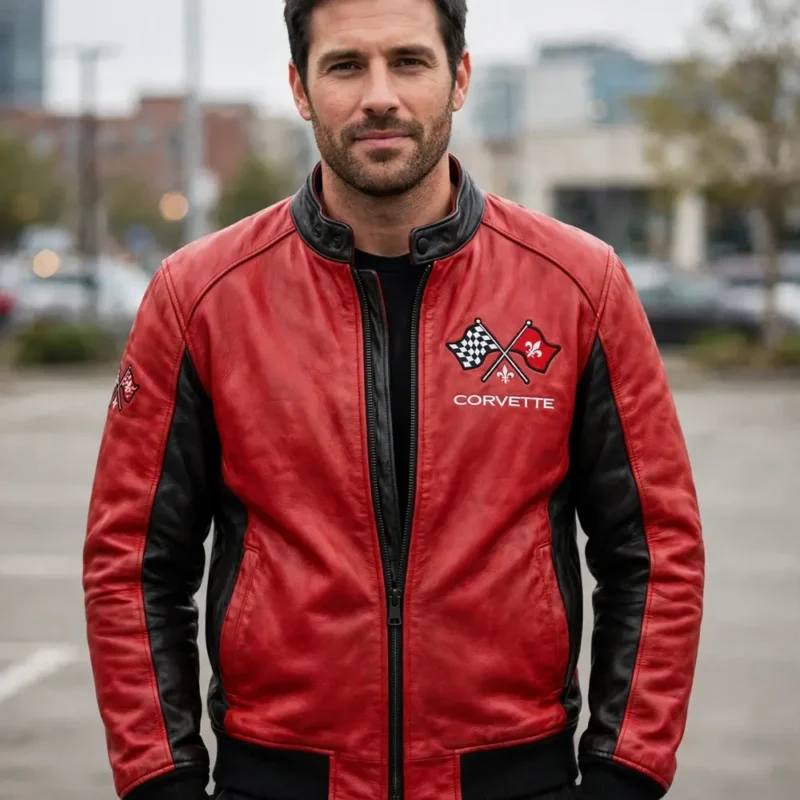 Model wearing the Corvette Leather Jacket, racing red with black side panels racer jacket