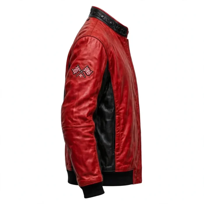Corvette Leather Jacket side view, racing red with black side panels racer jacket