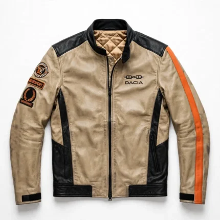 Dacia Leather Jacket front view, sand khaki with black panels and orange accents racer jacket