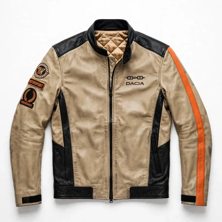 Dacia Leather Jacket front view, sand khaki with black panels and orange accents racer jacket