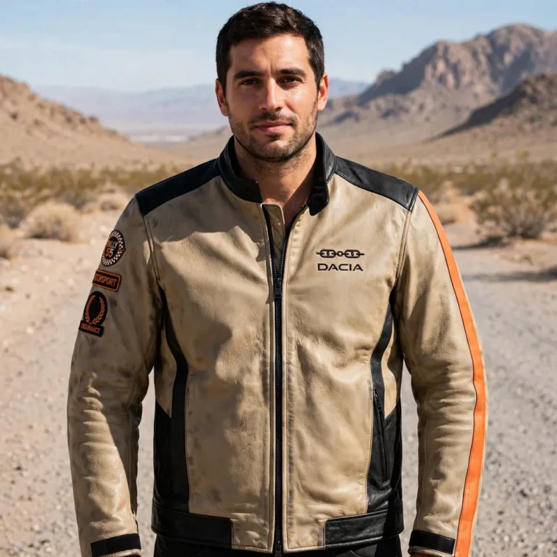 Model wearing the Dacia Leather Jacket, sand khaki with black panels and orange accents racer jacket