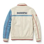 Daihatsu Leather Jacket back view, cream with sky-blue panels and red trim cruiser jacket