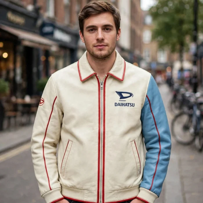 Model wearing the Daihatsu Leather Jacket, cream with sky-blue panels and red trim cruiser jacket