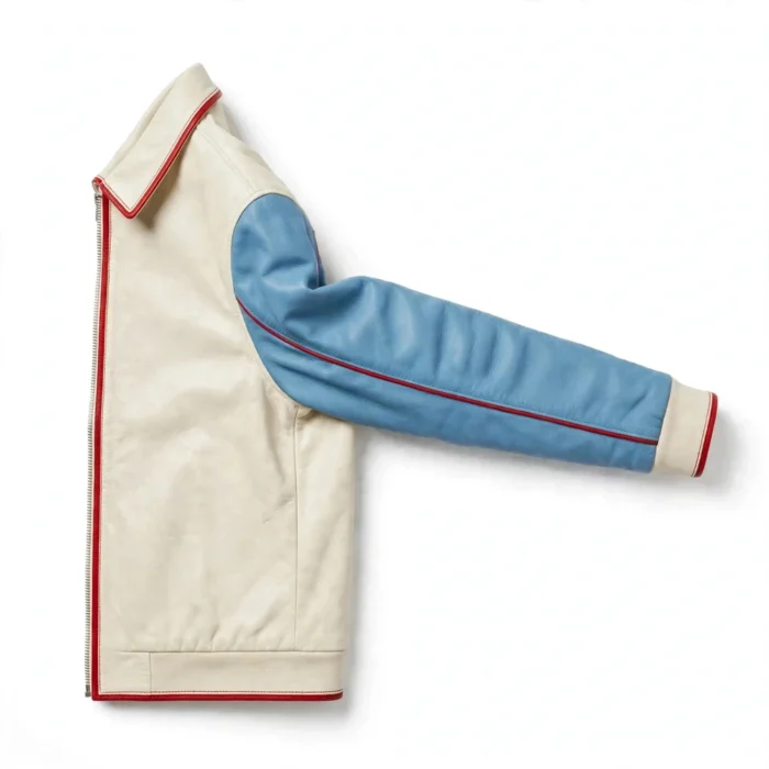 Daihatsu Leather Jacket side view, cream with sky-blue panels and red trim cruiser jacket