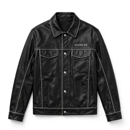 Daimler Leather Jacket front view, black with silver trim heritage cruiser jacket, DAIMLER wordmark embroidered on the left chest