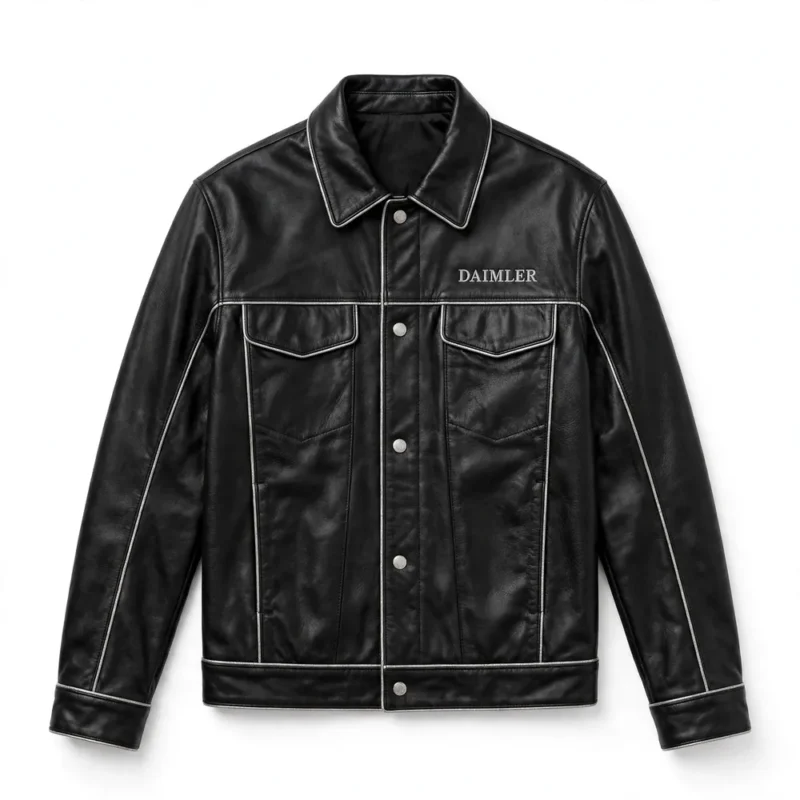 Daimler Leather Jacket front view, black with silver trim heritage cruiser jacket, DAIMLER wordmark embroidered on the left chest