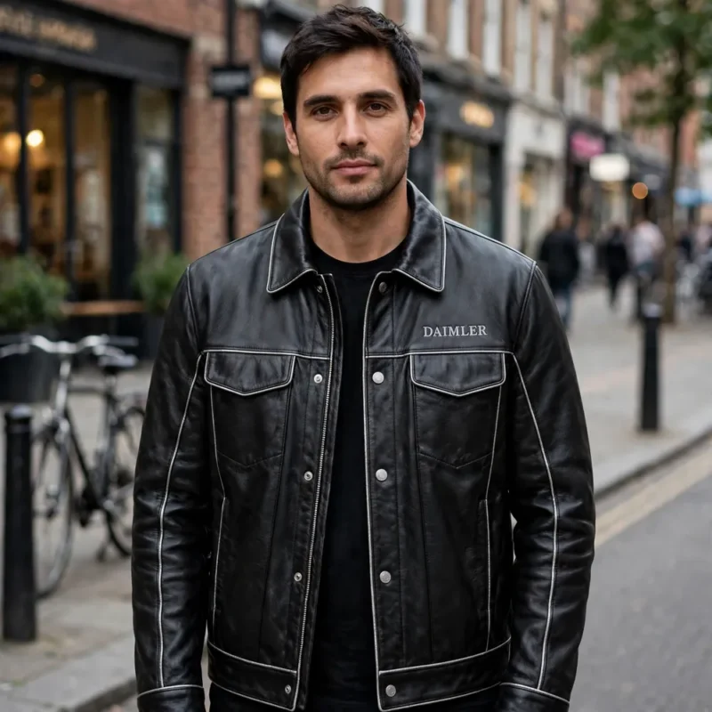 Man wearing the Daimler Leather Jacket outdoors, front-facing, showing the heritage cruiser jacket and chest embroidery