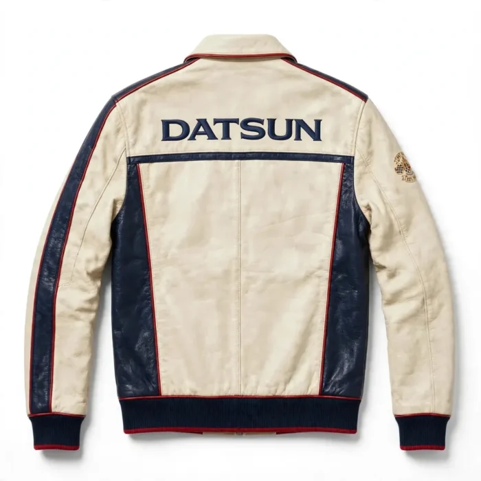Datsun Leather Jacket back view, cream with navy panels and red trim cruiser jacket