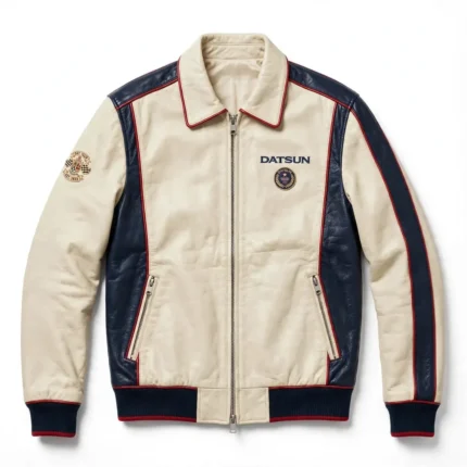 Datsun Leather Jacket front view, cream with navy panels and red trim cruiser jacket