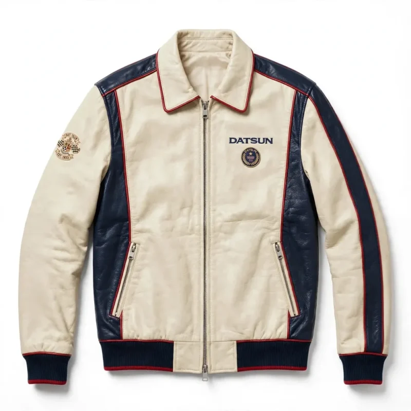 Datsun Leather Jacket front view, cream with navy panels and red trim cruiser jacket