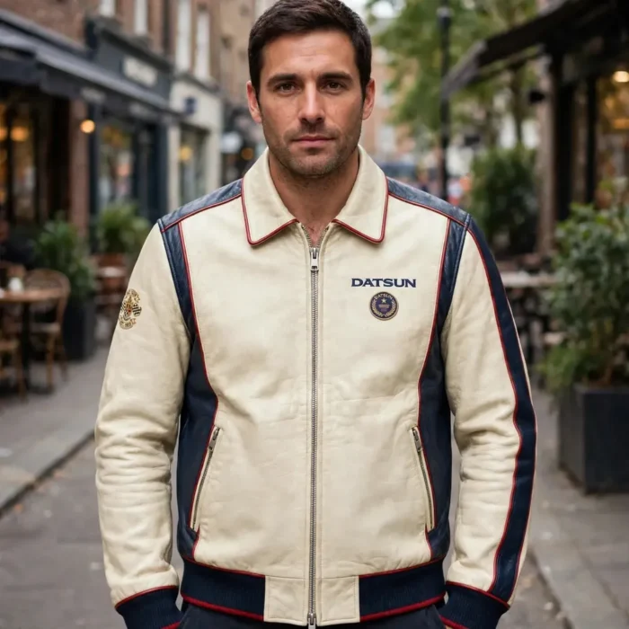 Model wearing the Datsun Leather Jacket, cream with navy panels and red trim cruiser jacket