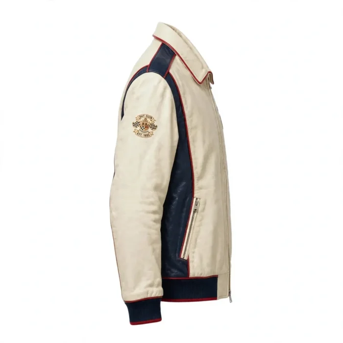 Datsun Leather Jacket side view, cream with navy panels and red trim cruiser jacket