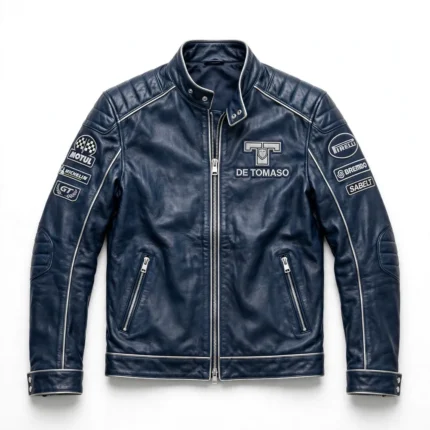 De Tomaso Leather Jacket front view — dark blue with silver muscle gt jacket with chest embroidery and sponsor-style patches
