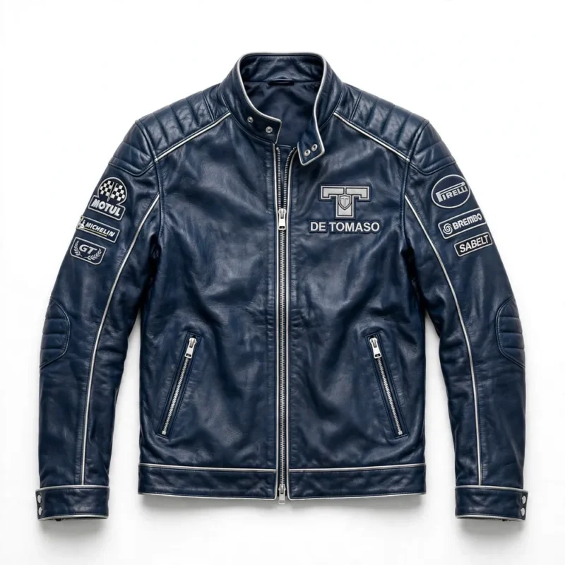 De Tomaso Leather Jacket front view — dark blue with silver muscle gt jacket with chest embroidery and sponsor-style patches