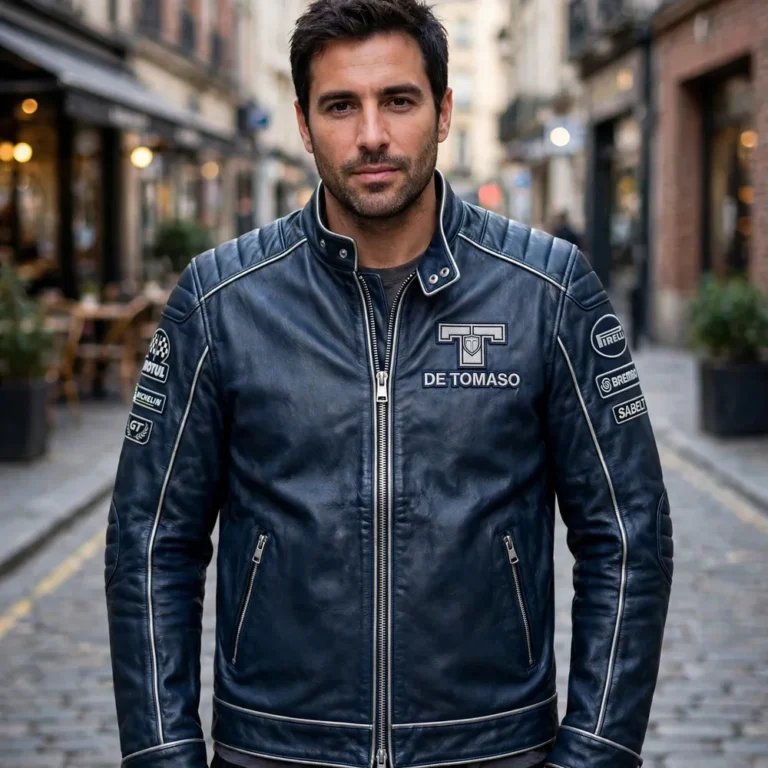 De Tomaso Leather Jacket model view — front-facing model wearing the dark blue with silver muscle gt jacket with chest embroidery