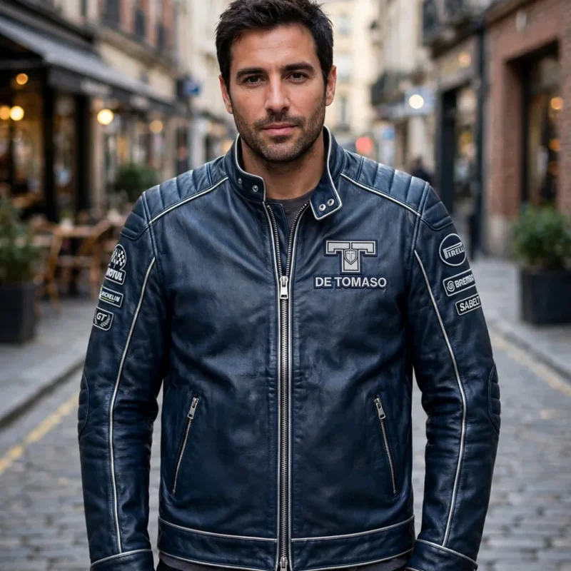 De Tomaso Leather Jacket model view — front-facing model wearing the dark blue with silver muscle gt jacket with chest embroidery