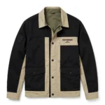 Defender Leather Jacket front view, sand khaki with black panels trucker jacket, DEFENDER wordmark embroidered on the left chest with a mountain-style emblem motif