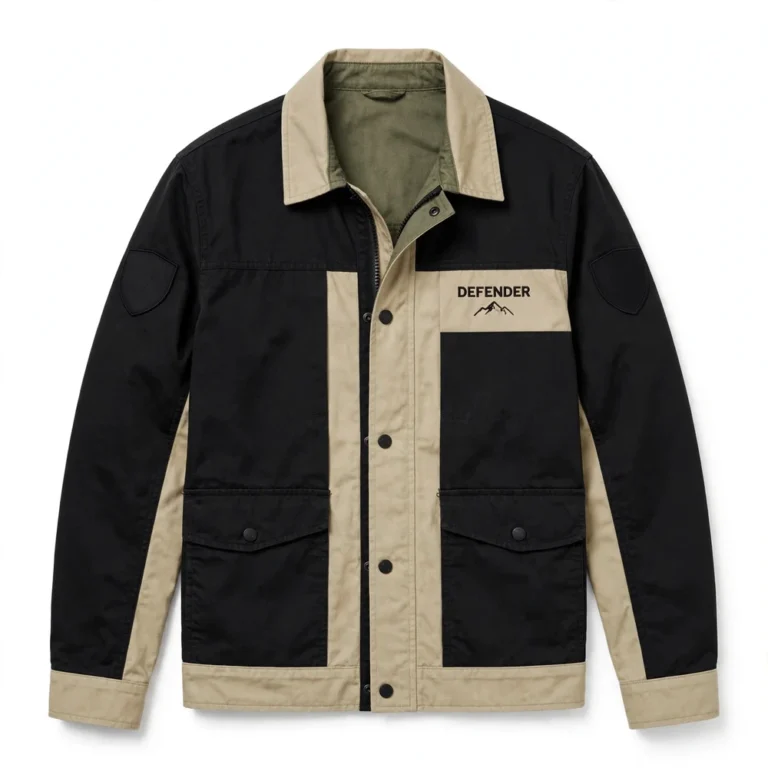 Defender Leather Jacket front view, sand khaki with black panels trucker jacket, DEFENDER wordmark embroidered on the left chest with a mountain-style emblem motif