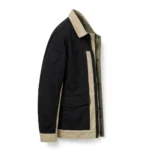 Defender Leather Jacket side view, sand khaki with black panels trucker jacket with shirt-style collar