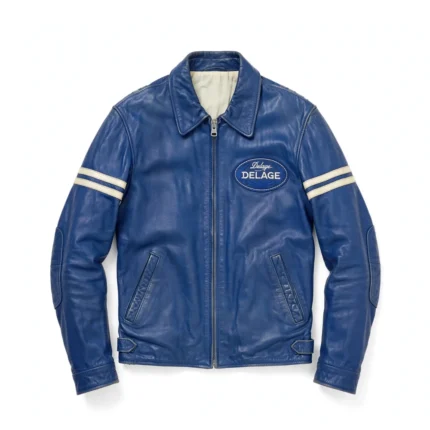 Delage Leather Jacket front view — french racing blue jacket with chest embroidery