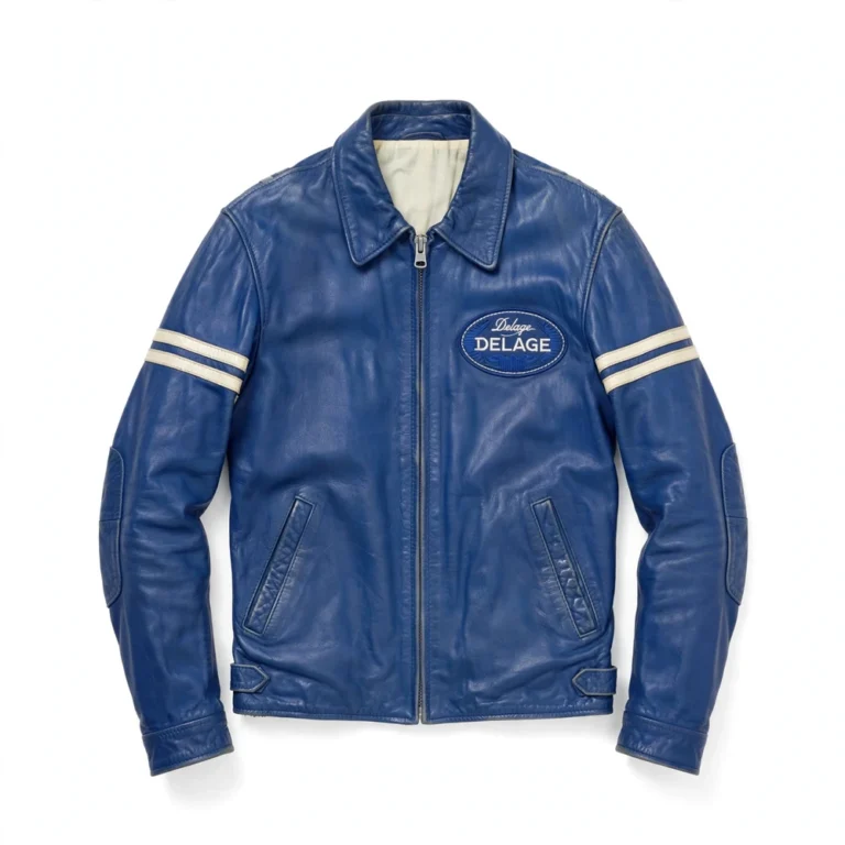 Delage Leather Jacket front view — french racing blue jacket with chest embroidery